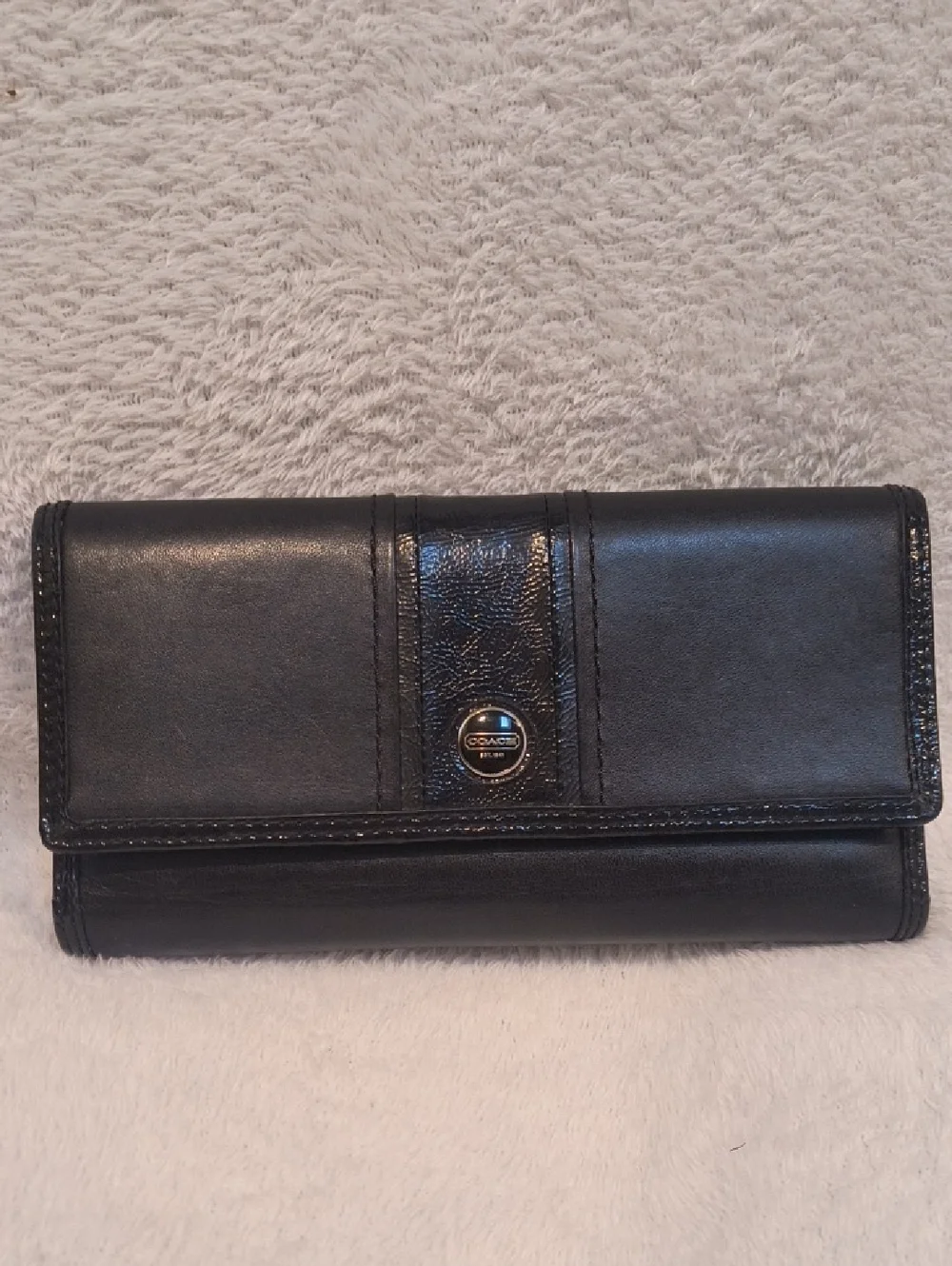 Coach Black Leather Patent Leather Trifold Checkbook Wallet